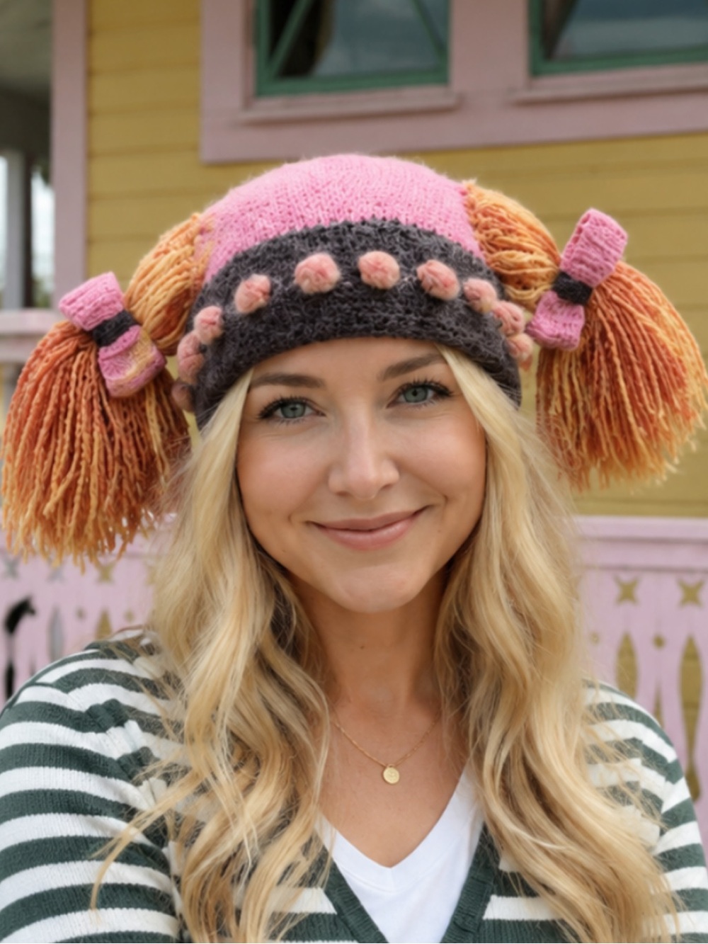 Pippi Longstocking Cabbage Patch Kid Inspired Knit Costume Hat - Pink & Orange